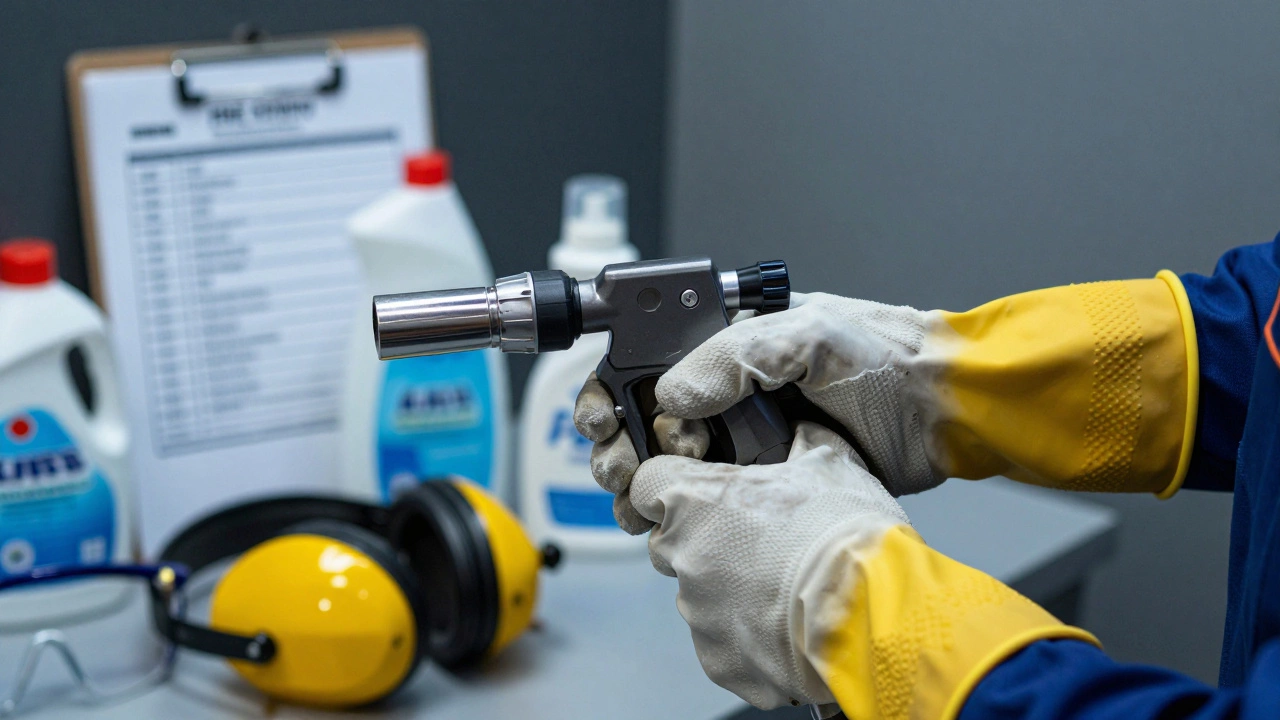 Close-up of gloved hands holding a pressure washer wand with safety gear nearby.
