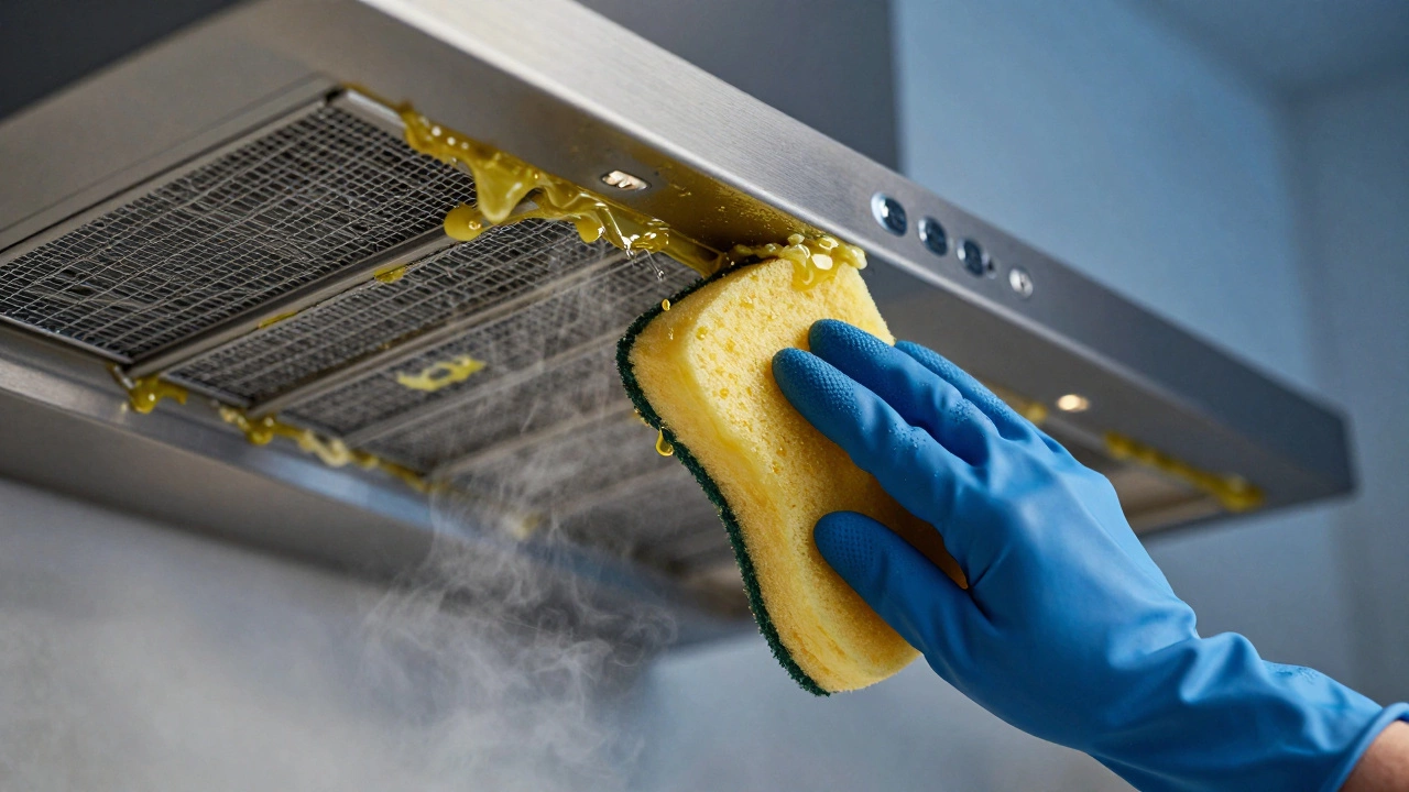 Close up of hands scrubbing grease off a kitchen range hood filter