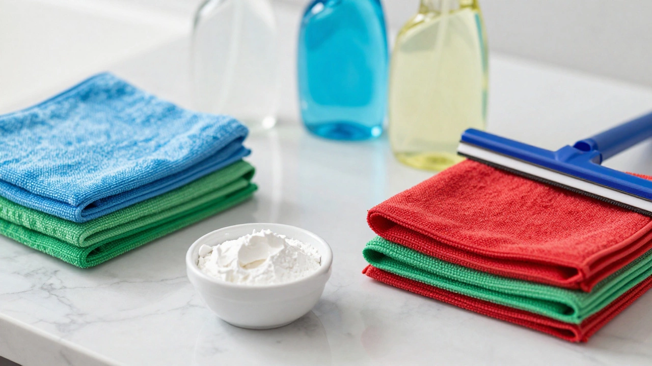 Color-coded microfiber cloths and cleaning supplies on a marble countertop