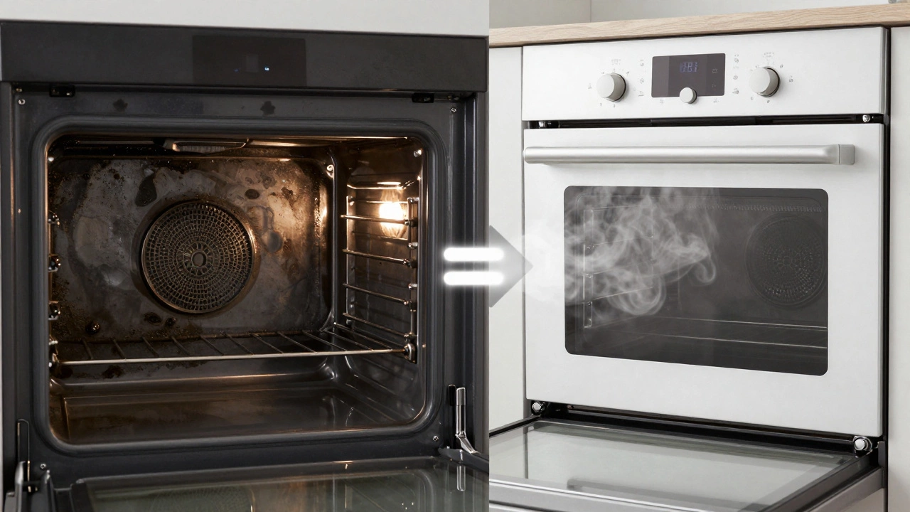 Comparison of a dirty oven versus a sparkling clean one