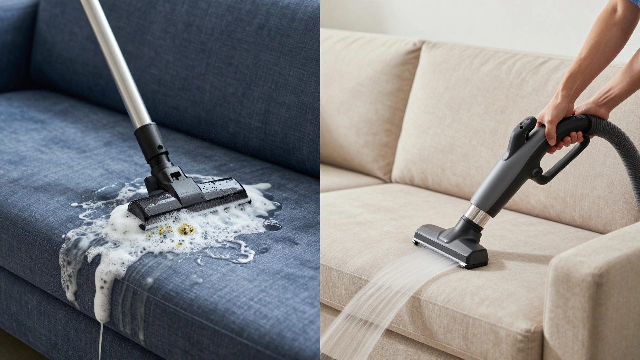 Comparison of damaged sofa from DIY steam cleaning versus professionally cleaned sofa.