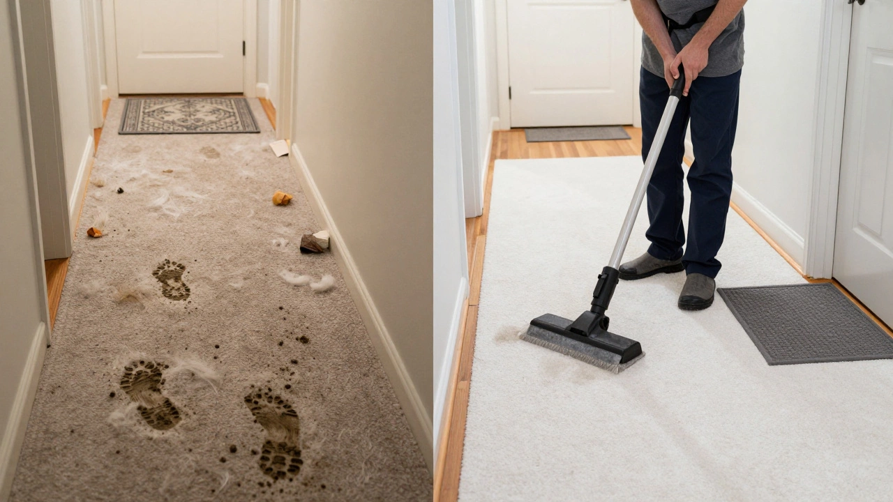 Comparison of muddy entryway carpet before and after professional cleaning