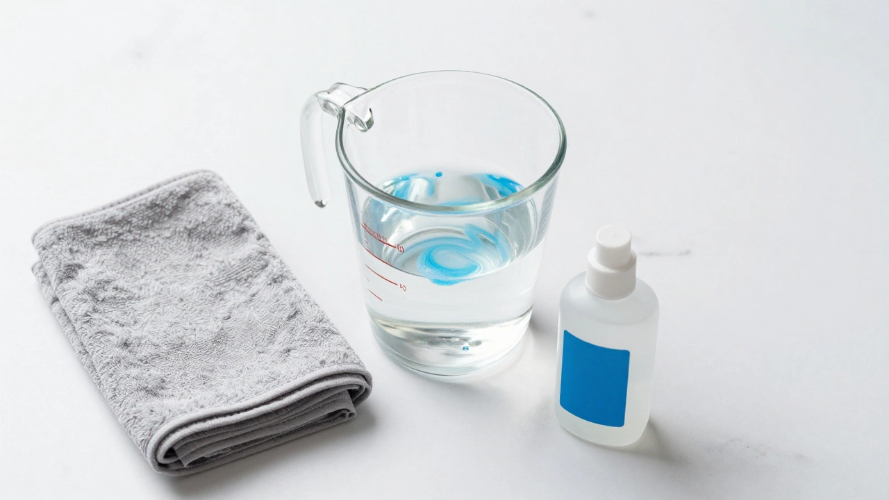 DIY window cleaning supplies including vinegar, water, dish soap, and microfiber cloth.