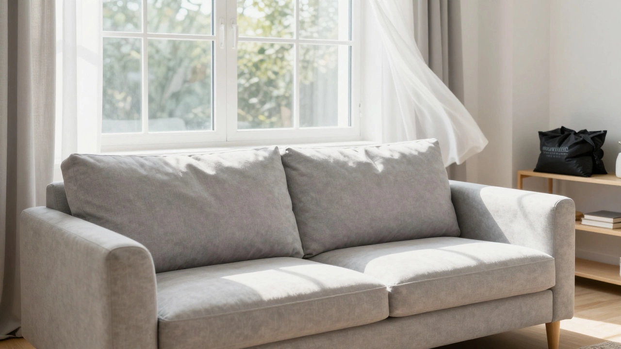 Freshly cleaned sofa drying in a sunny, ventilated living room