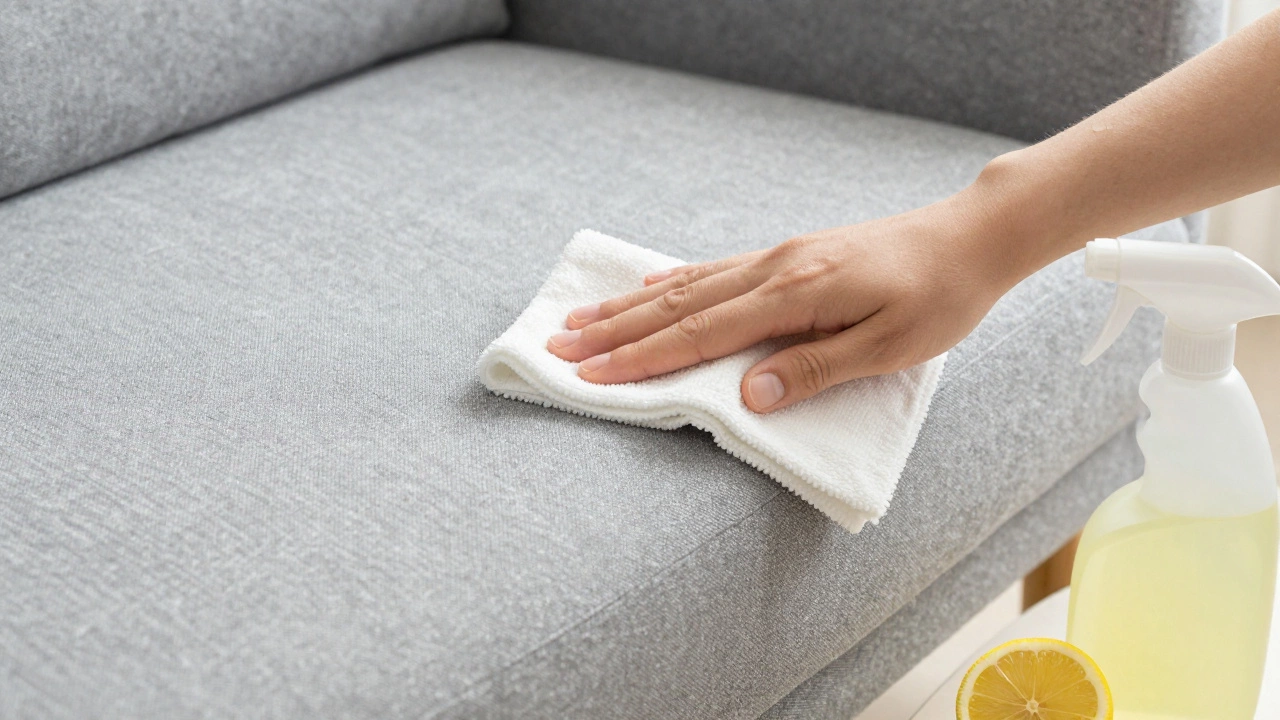 Hand blotting couch fabric with microfiber cloth during deep cleaning