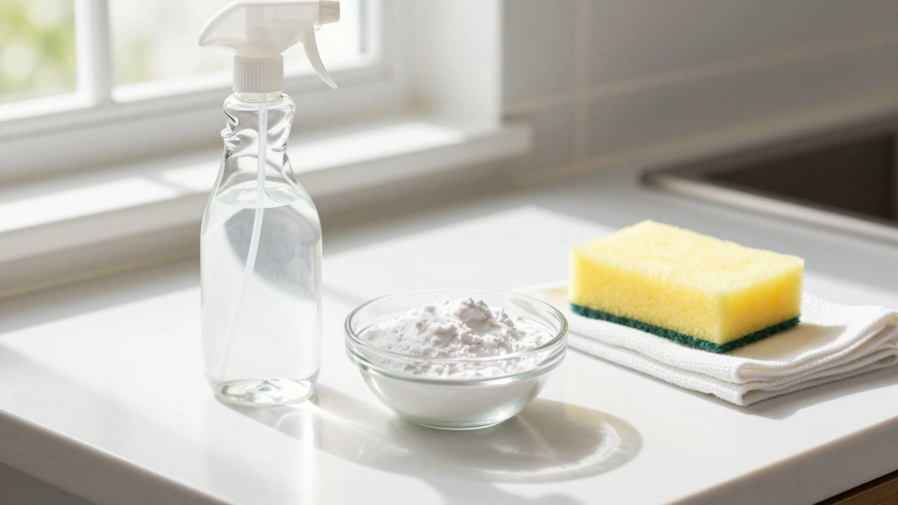 Kitchen counter with vinegar spray, baking soda, sponge, and cloth for oven cleaning.