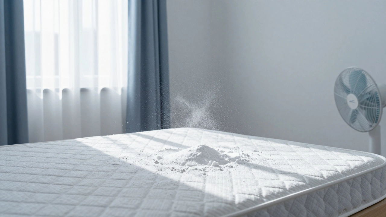 Mattress covered in baking soda powder in a sunlit bedroom
