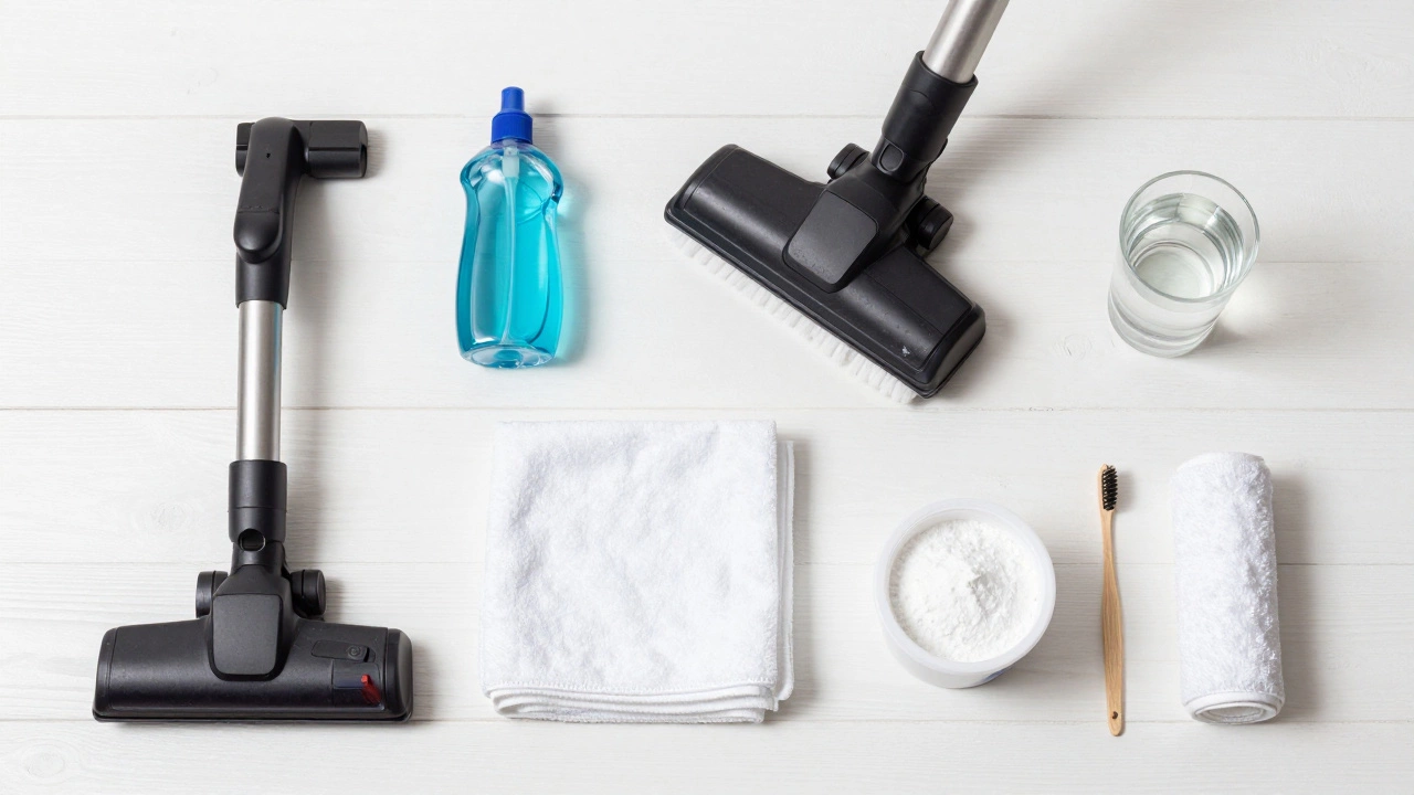 Organized sofa cleaning supplies including vacuum, cloths, and soap
