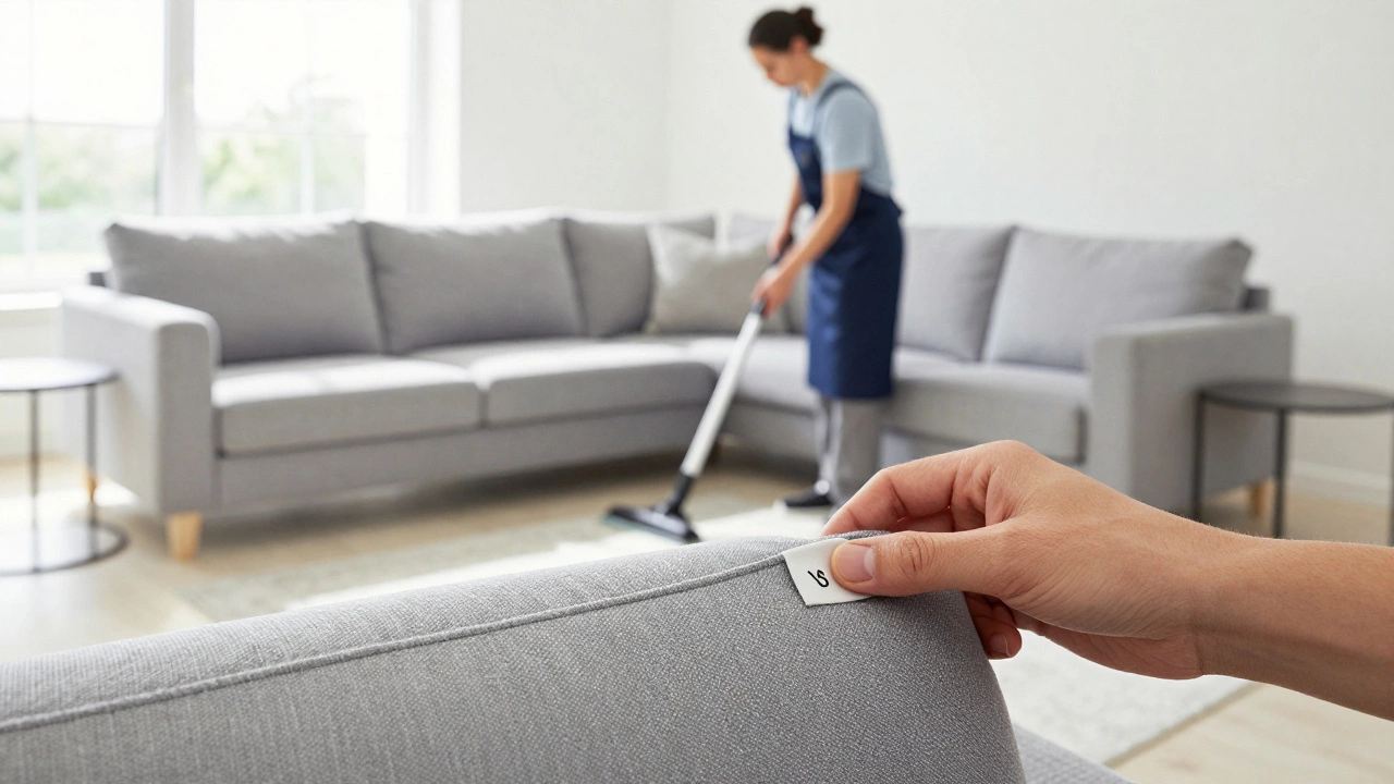 Professional cleaner preparing a sofa for service in a sunny modern living room.