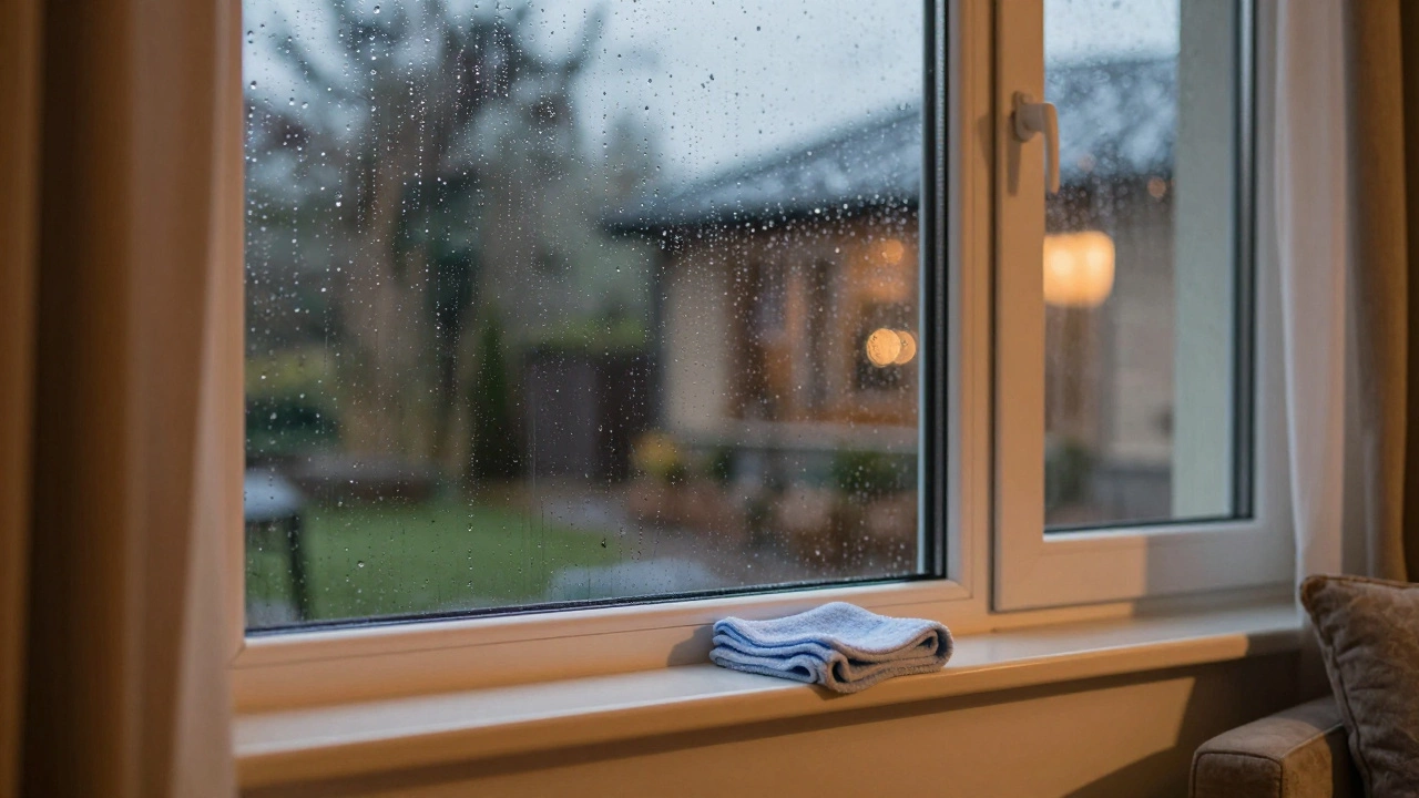 Raindrops beading on a clean window at twilight, showing hydrophobic coating effect.