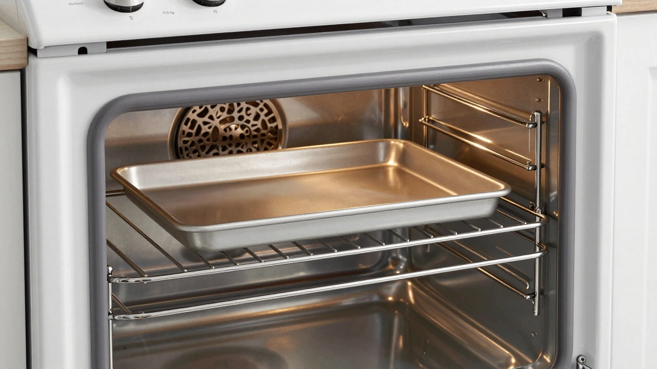 Spotless, shiny white oven interior with a baking sheet on the rack.