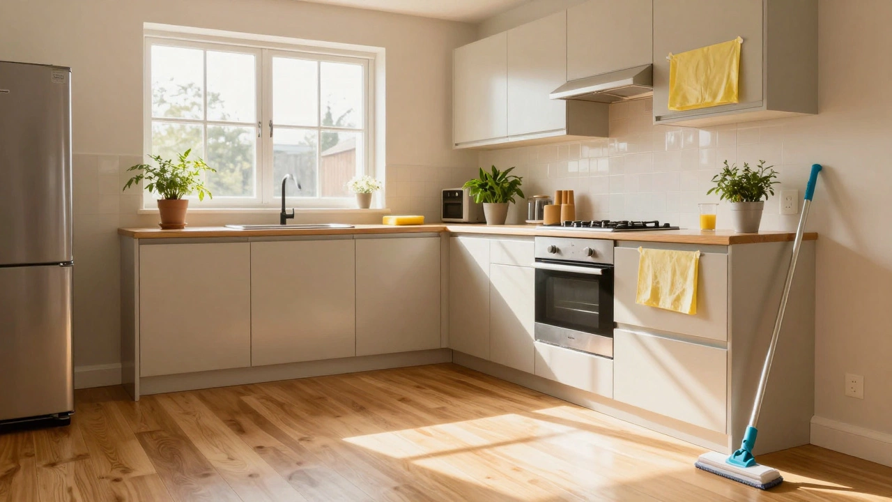 Spotless, sunlit kitchen with shiny floors and organized counters after deep clean
