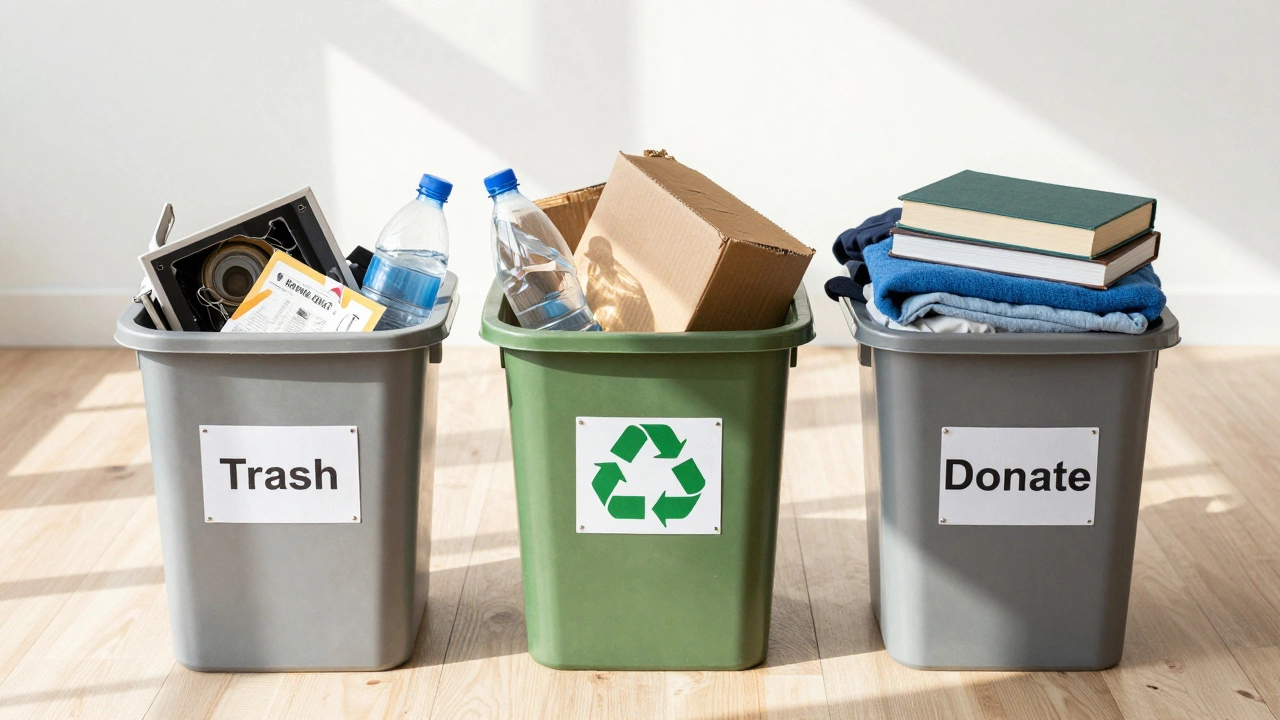 Three labeled bins for trash, recycling, and donations on a wooden floor.