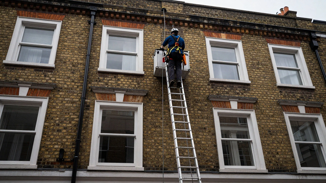 Window cleaner on ladder reaching high second-story windows