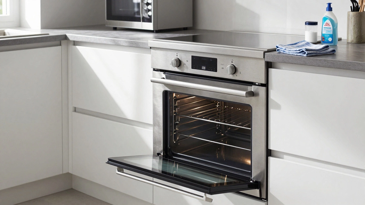 A perfectly clean, gleaming stainless steel oven in a bright, modern kitchen.