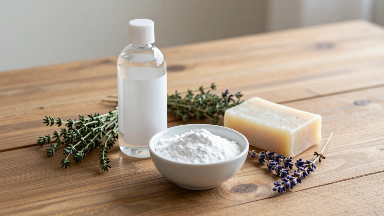 Arrangement of hydrogen peroxide, baking soda, and herbs for DIY cleaning