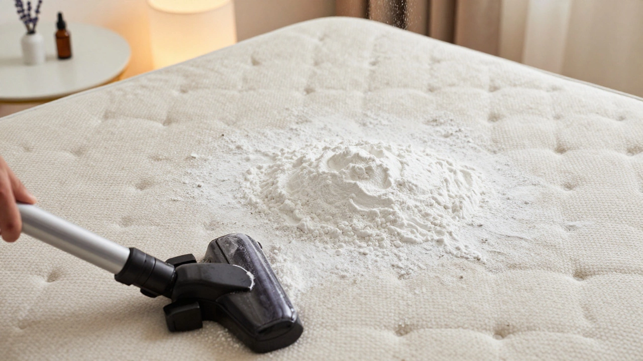 Baking soda being sprinkled on a mattress for cleaning