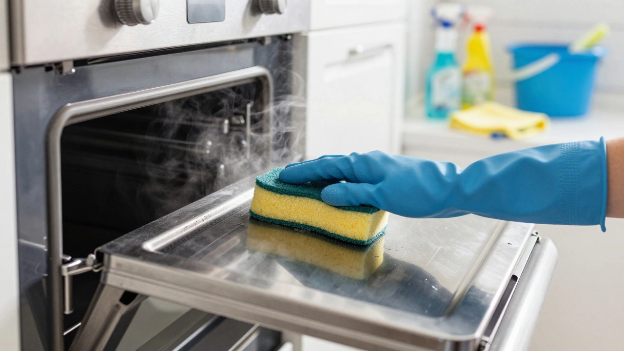 Cleaner's gloved hands scrubbing a dirty oven door thoroughly