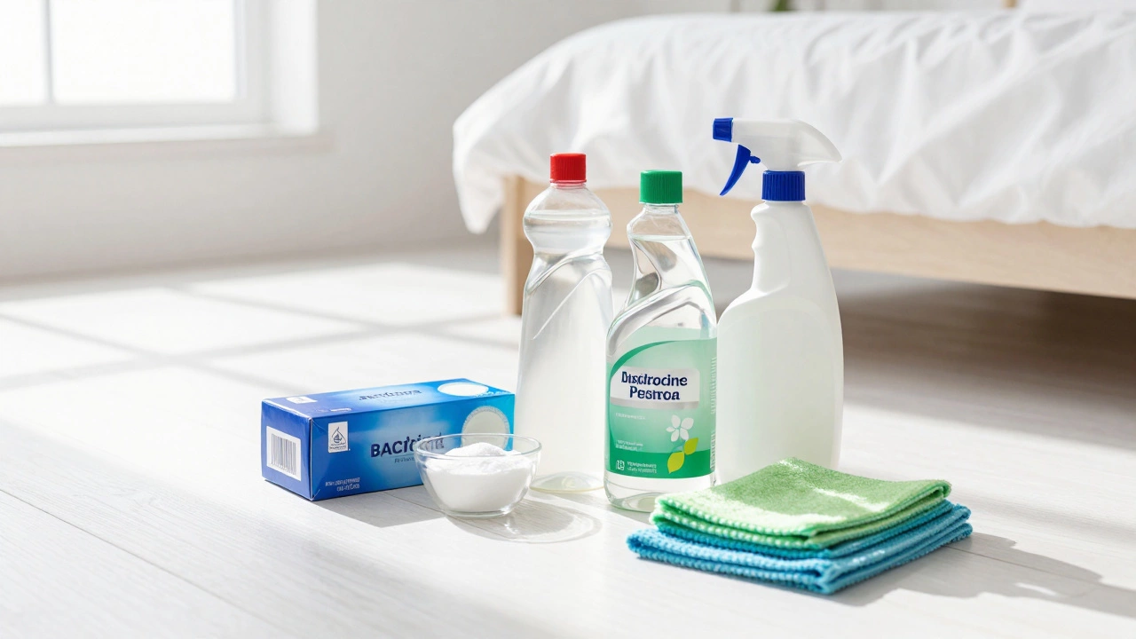 Cleaning supplies like baking soda and vinegar arranged neatly on floor