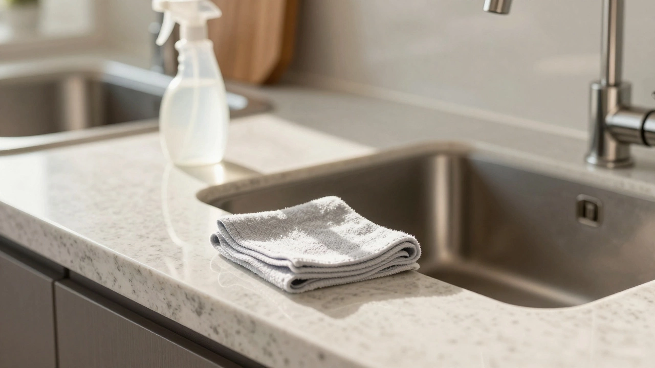 Close-up of a sparkling clean kitchen sink and counter with sunlight reflecting off surfaces.