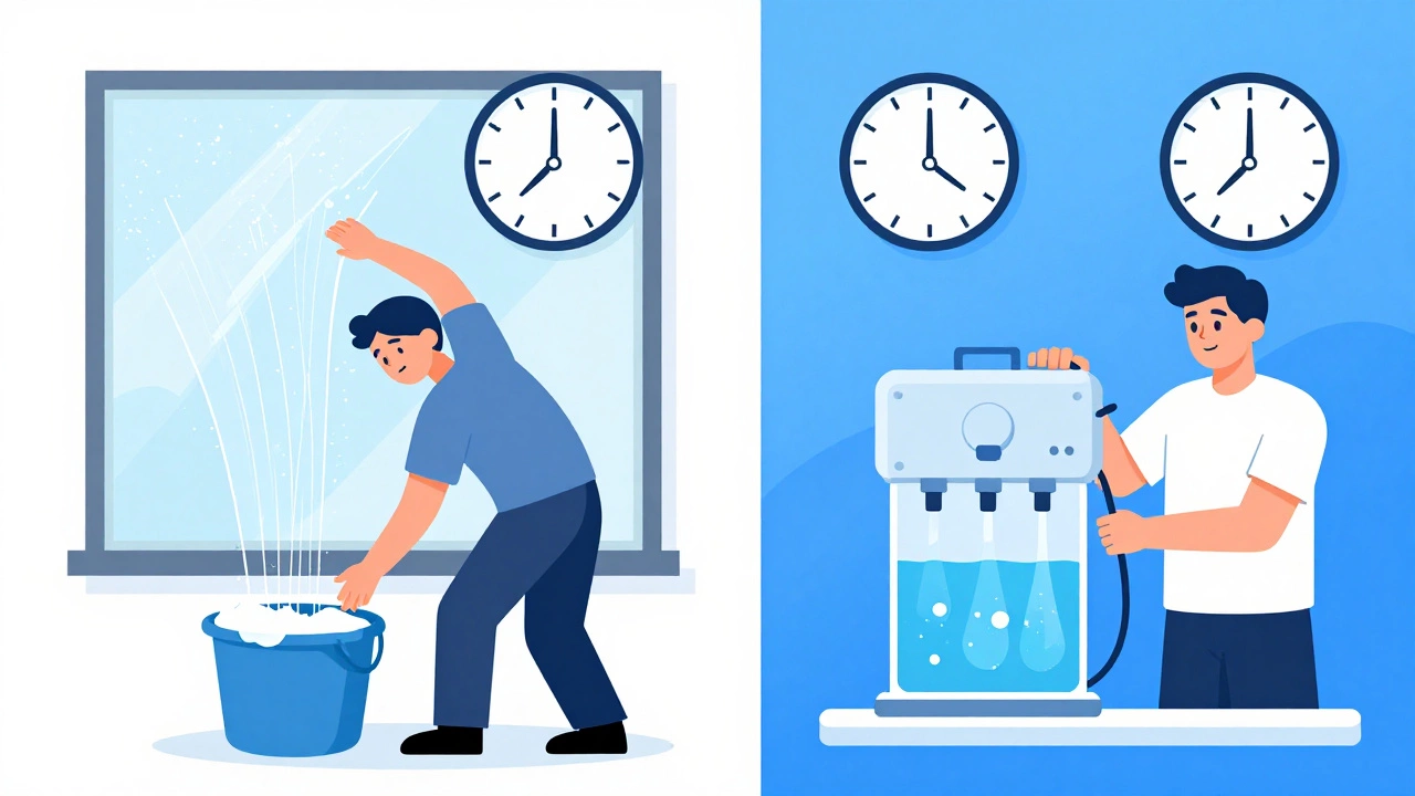 Comparison of messy DIY cleaning versus efficient professional window cleaning