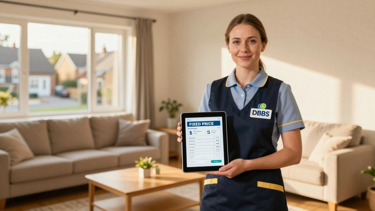 Confident cleaner presenting a fixed-price quote in a pristine home