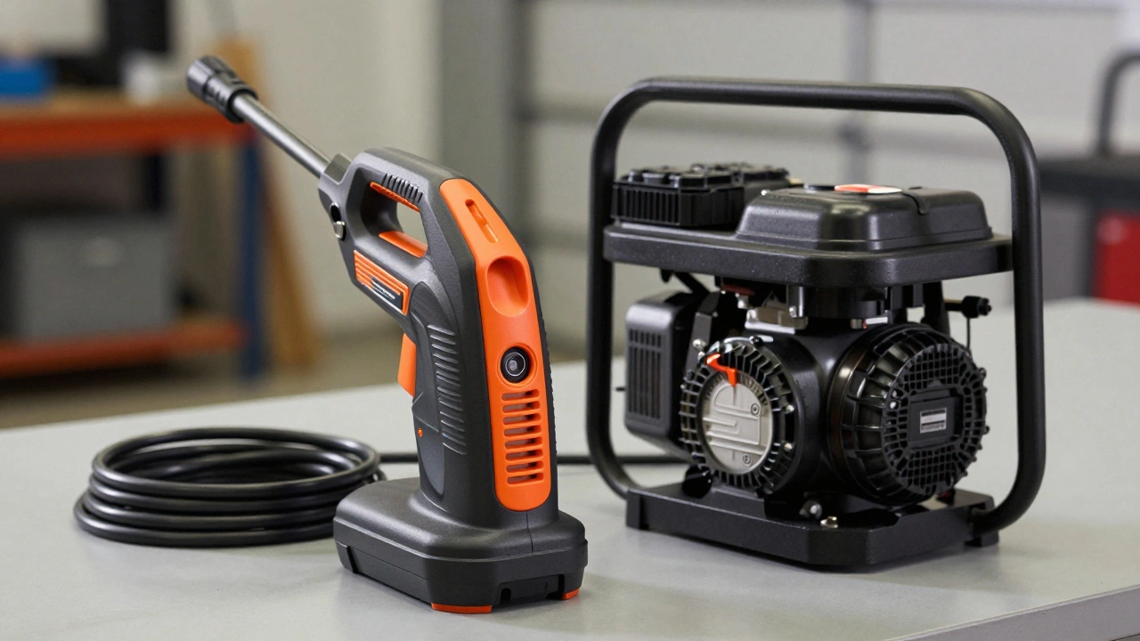 Electric and gas pressure washers compared on a workbench