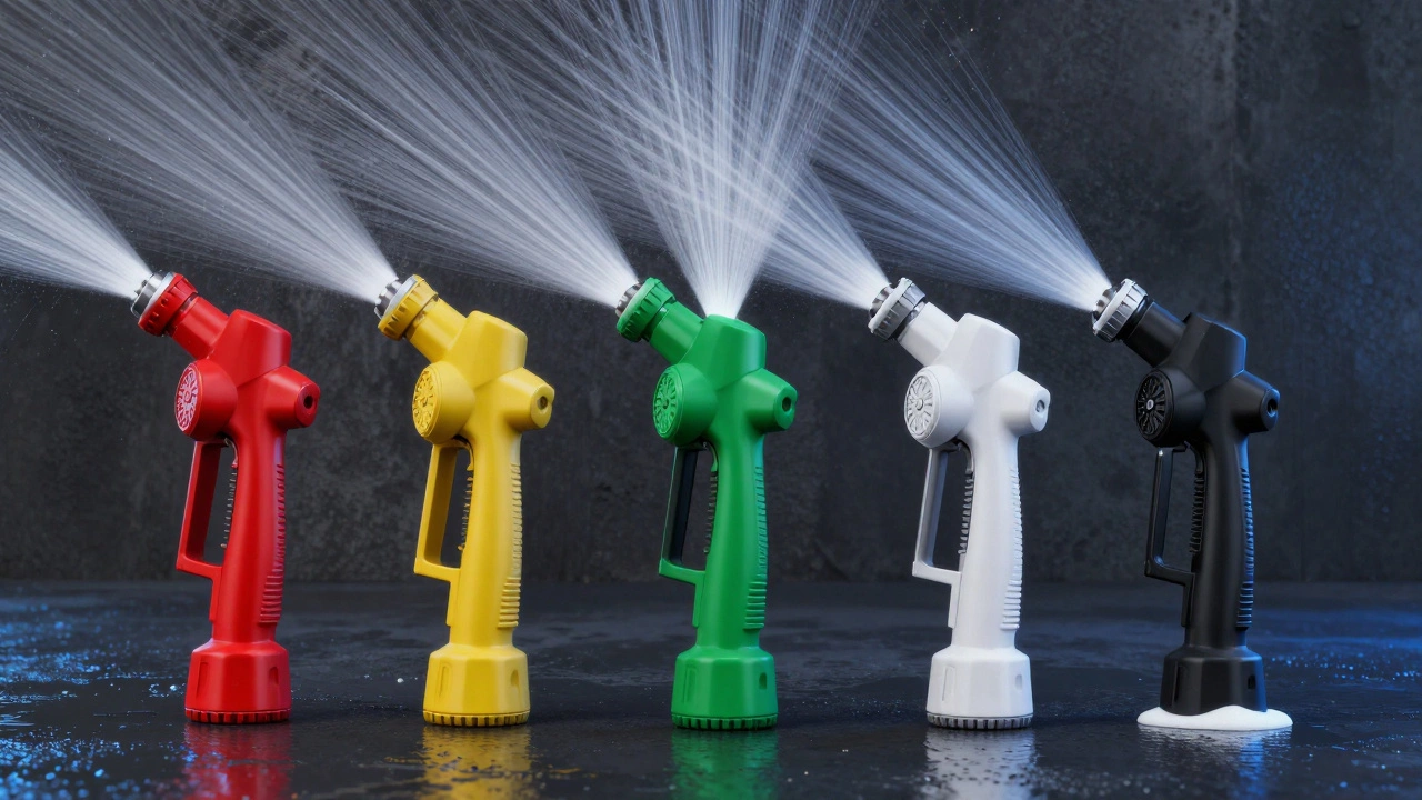 Five colored pressure washer nozzles showing different spray patterns