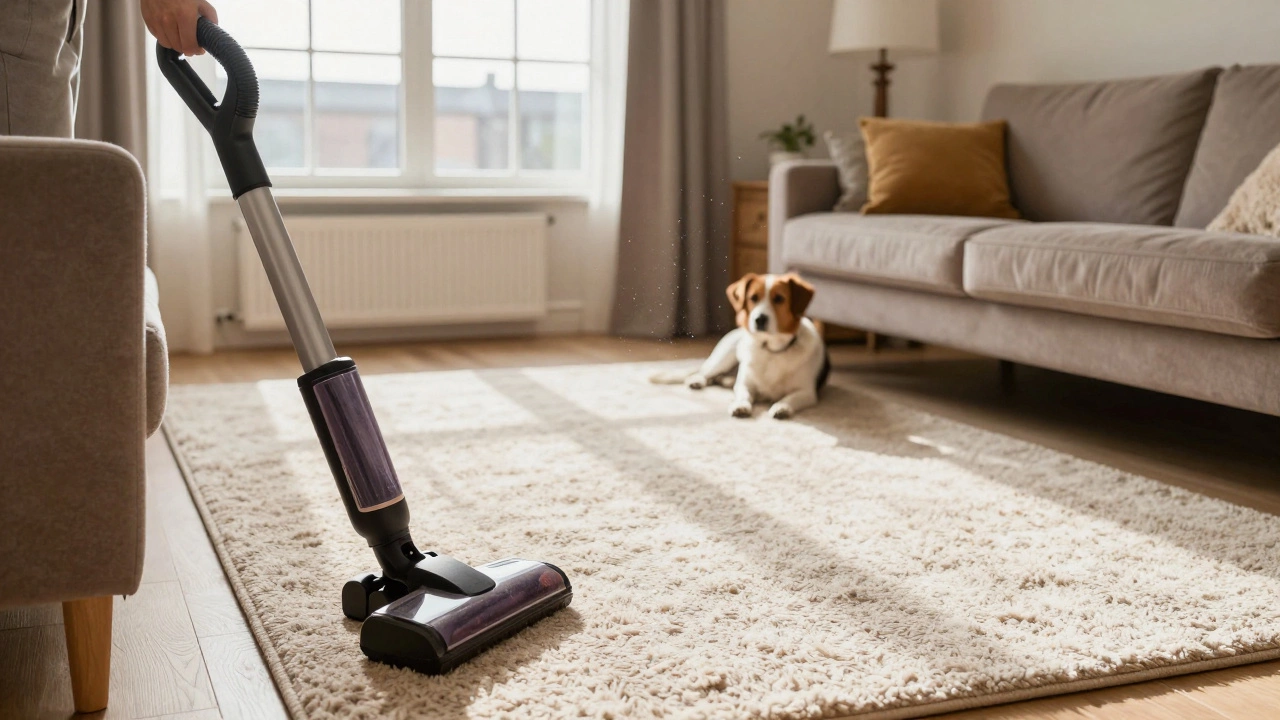 Freshly cleaned living room carpet with vacuum cleaner and pet resting nearby