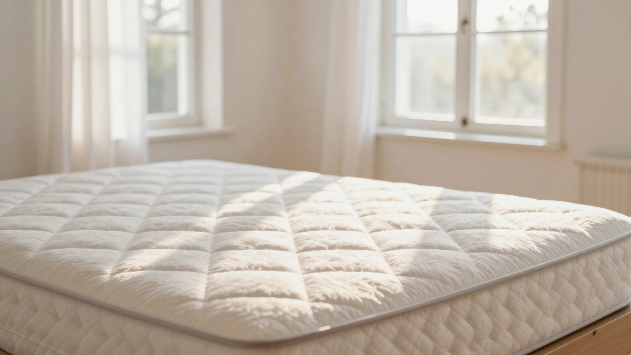 Freshly cleaned mattress in a sunlit, airy bedroom with open windows
