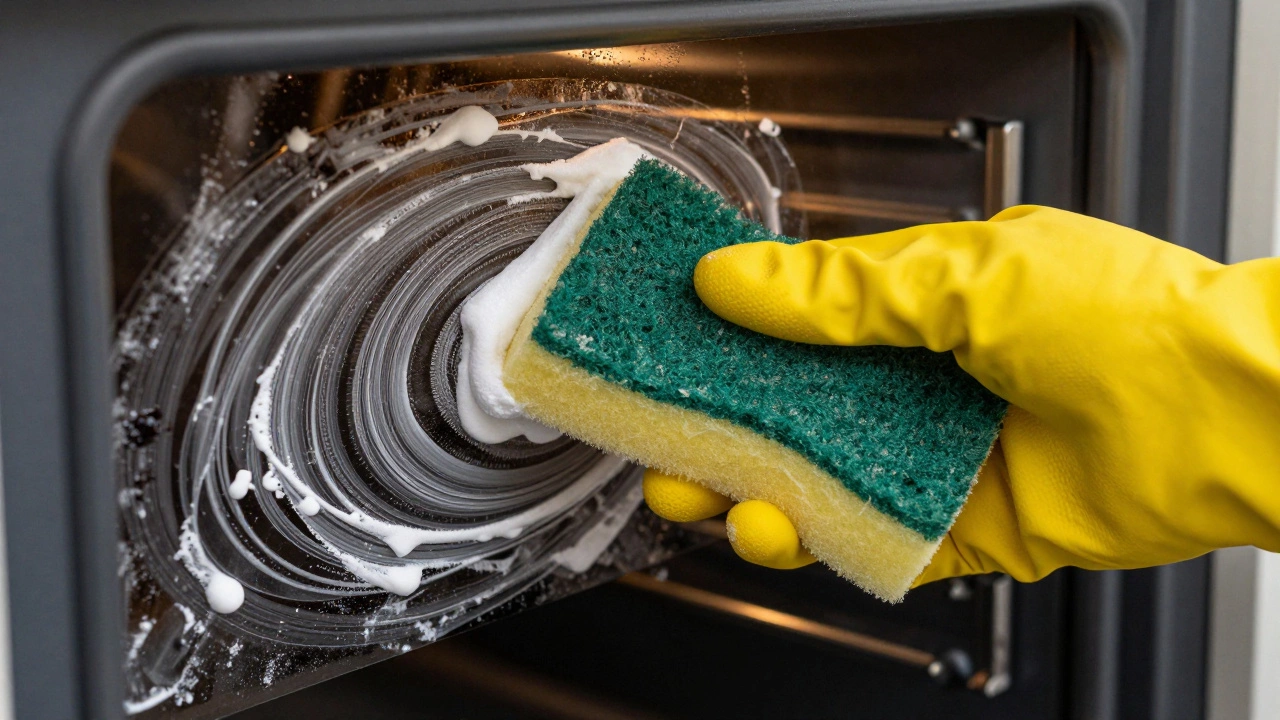 Hand scrubbing baking soda paste off burnt grease inside an oven interior