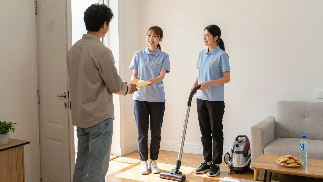 Homeowner giving an envelope tip to a smiling cleaner