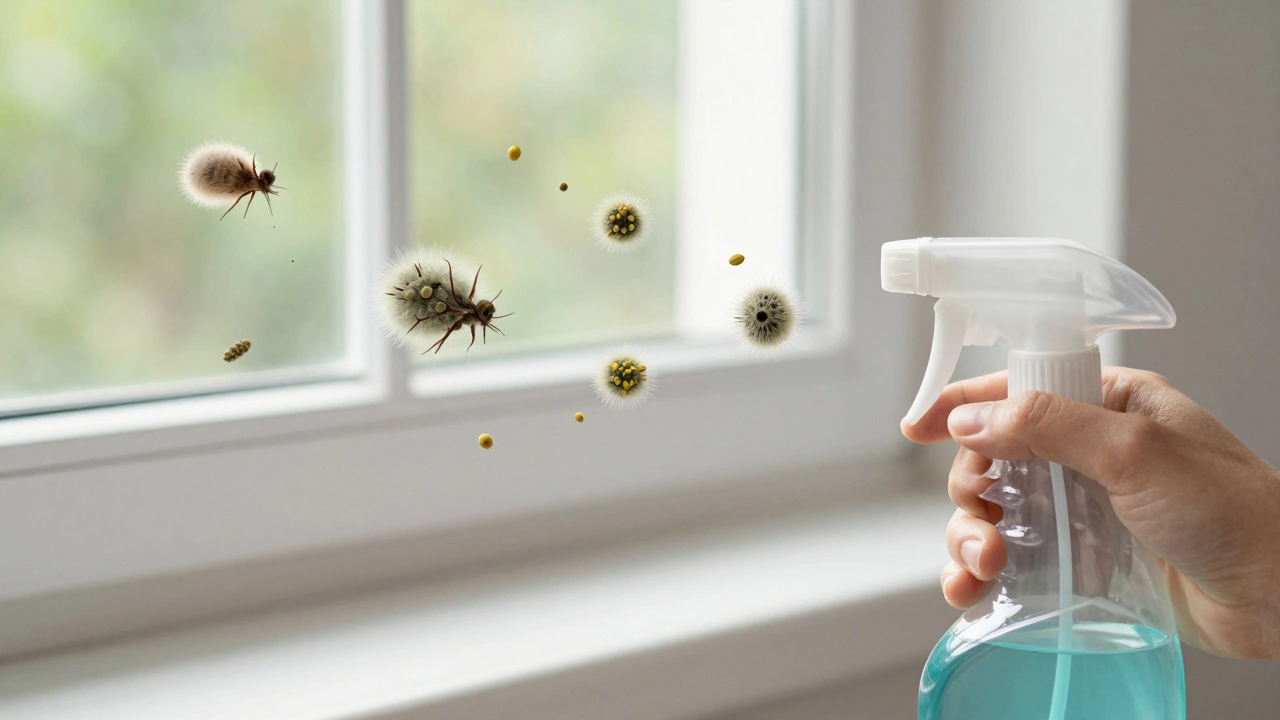 Macro view of dust mites and pollen blocked by eco-friendly cleaner