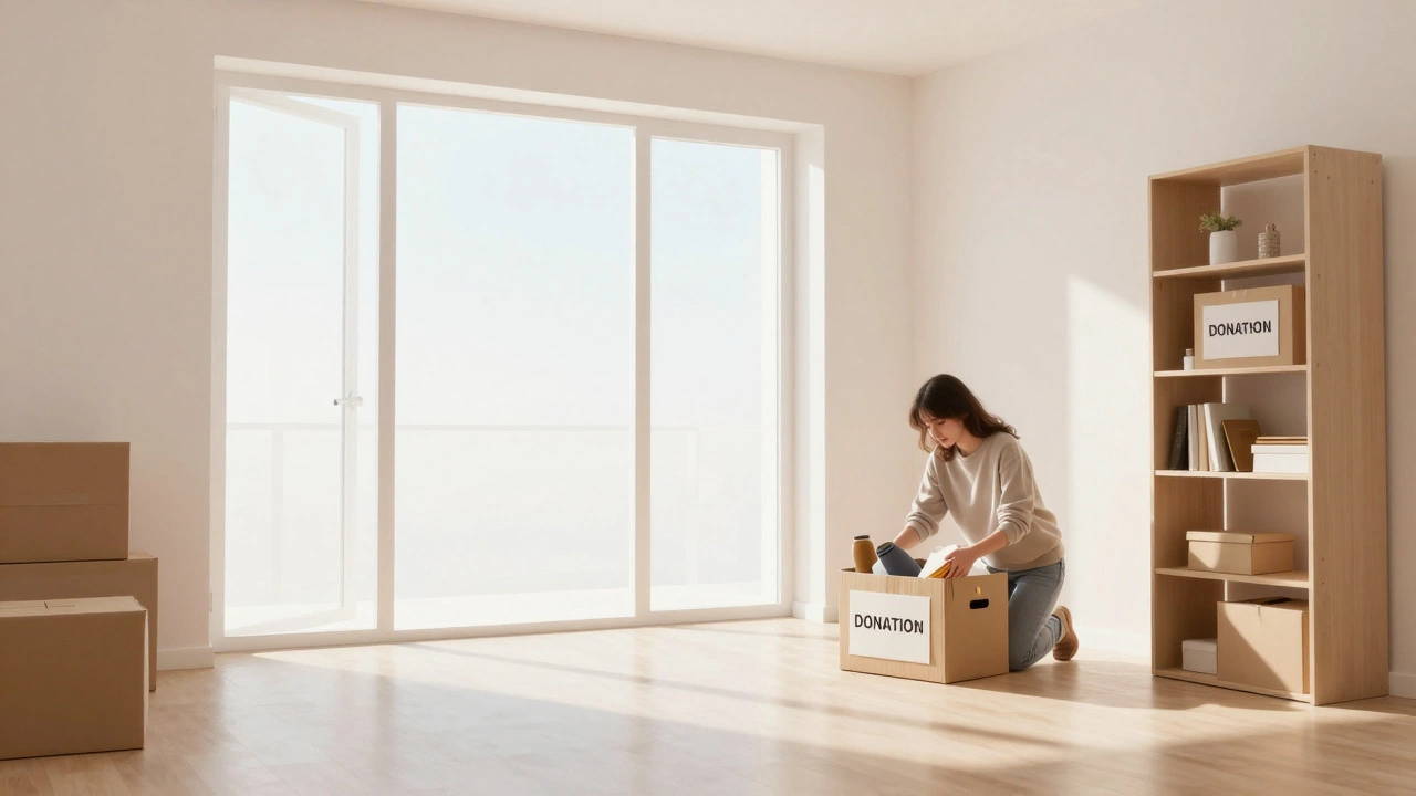 Minimalist room with open windows and donation box for decluttering