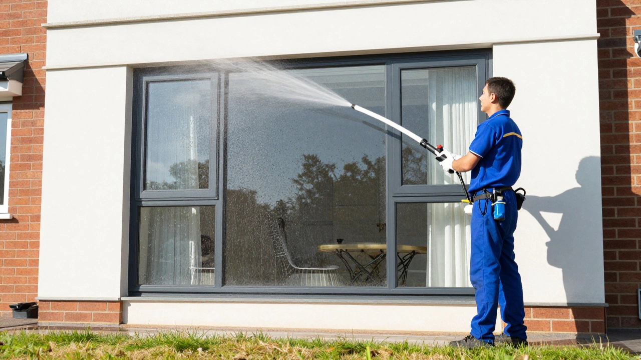 Pro cleaner using water-fed pole on sunny day