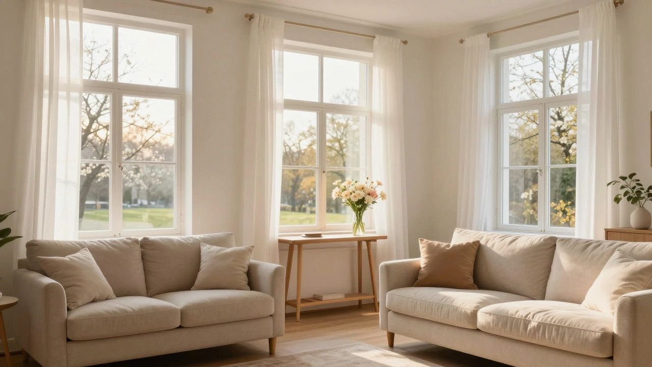 Serene living room with clean windows and fresh curtains, showing a spring deep reset.