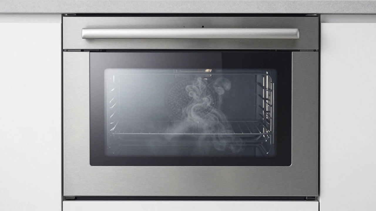 Sparkling clean oven door reflecting a bright kitchen after thorough cleaning