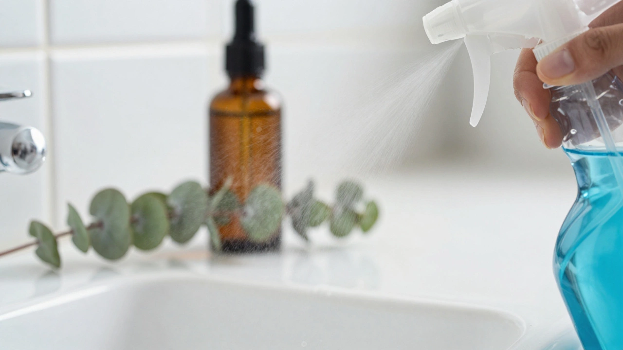 Spray bottle applying hydrogen peroxide mist onto a clean bathroom tile