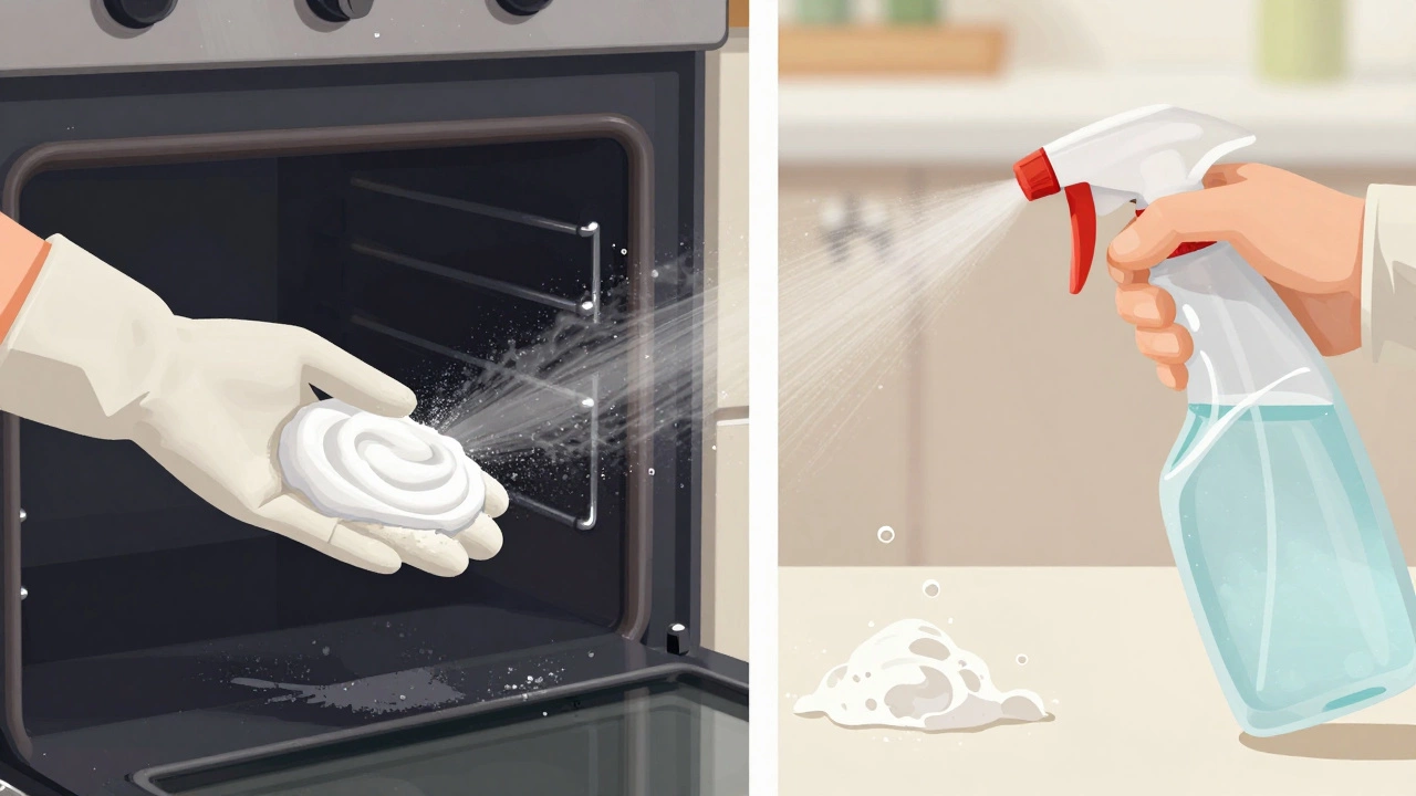 Step-by-step visual guide showing baking soda paste applied then vinegar sprayed separately.