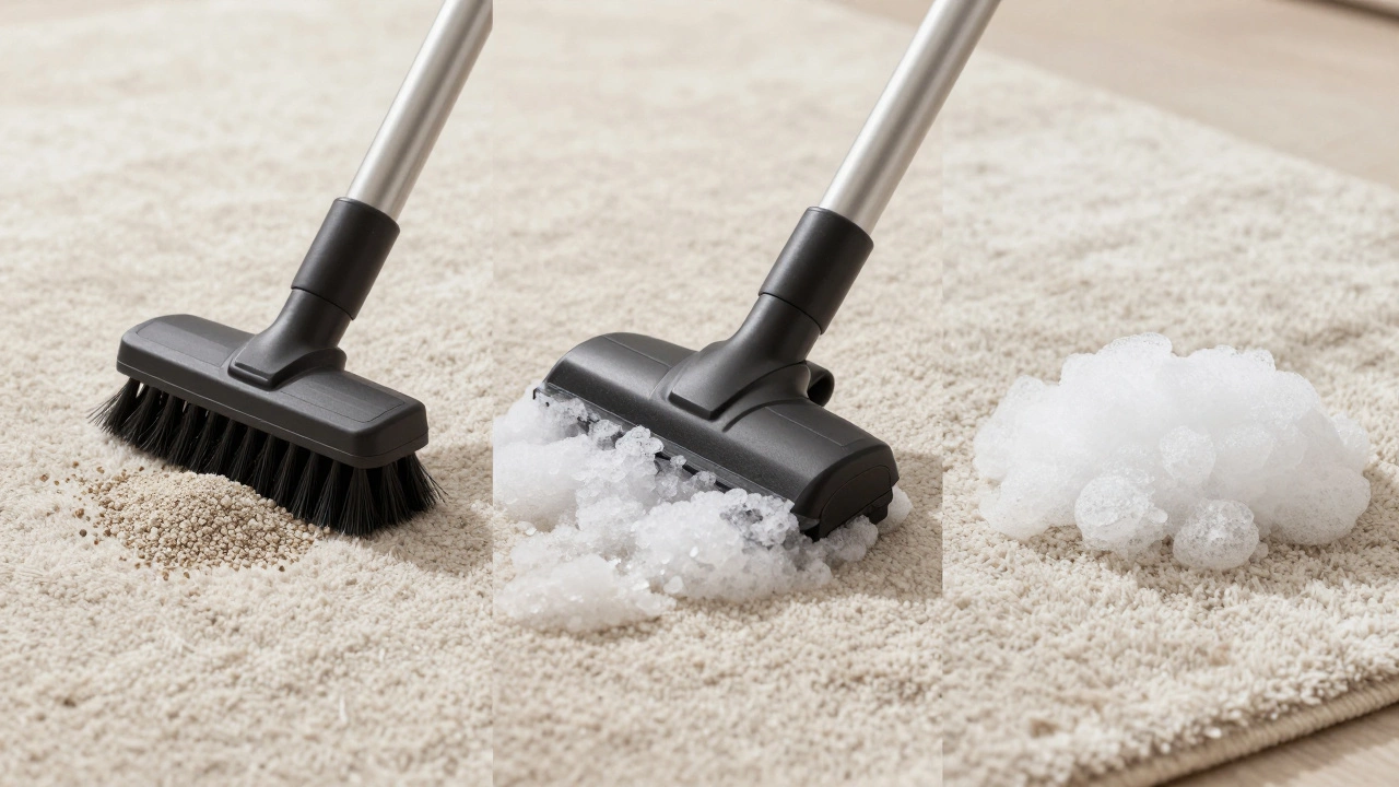 Visual comparison of dry cleaning, encapsulation, and steam cleaning methods on rugs