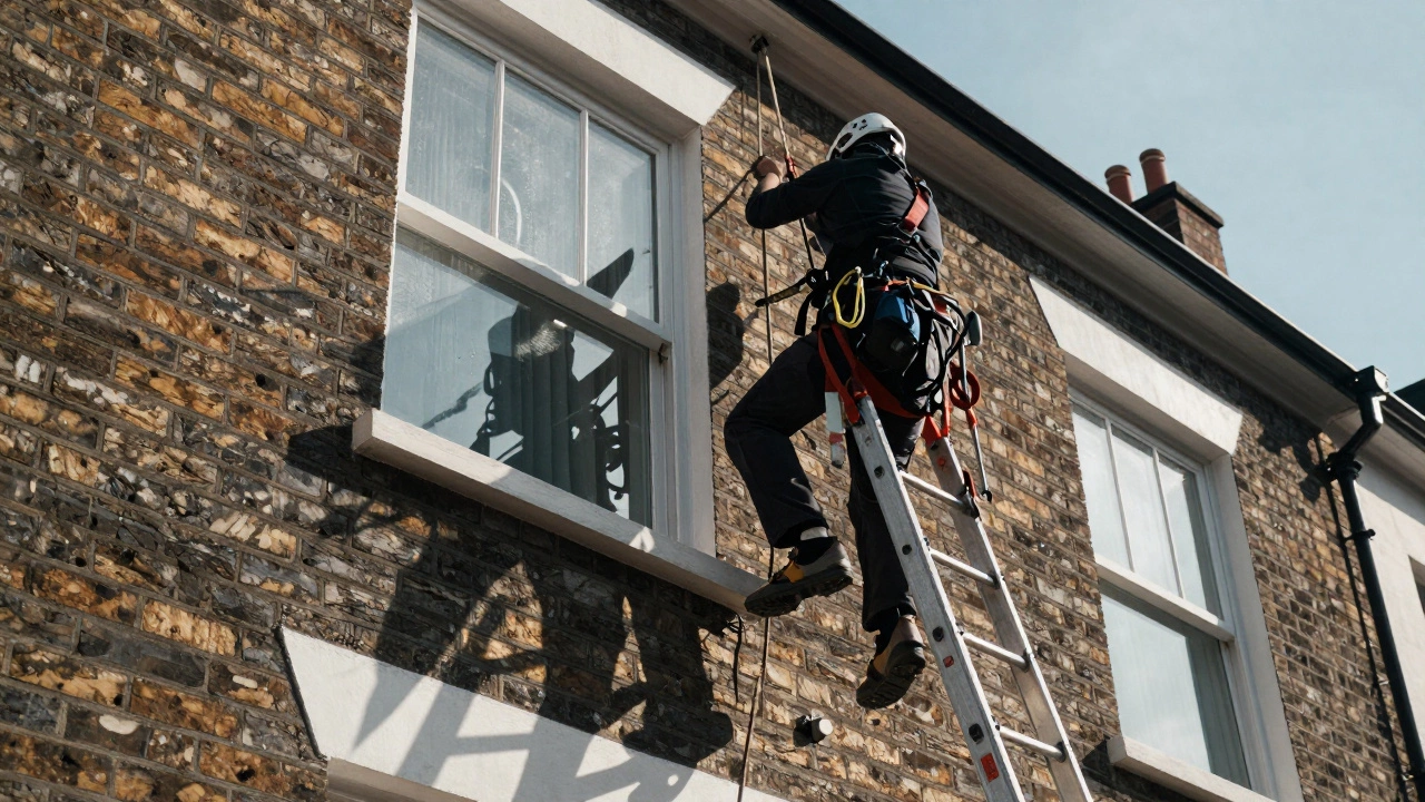 Window cleaner using safety harness and ladder on a two-story brick house