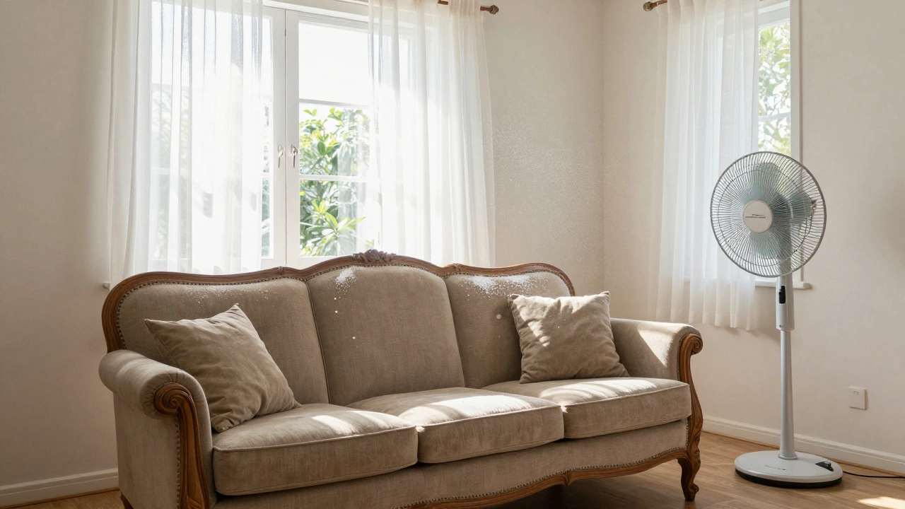 Antique sofa drying naturally with baking soda and open windows