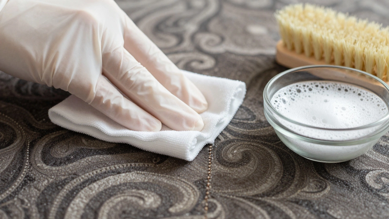Close up of spot testing old fabric with white cloth and soap