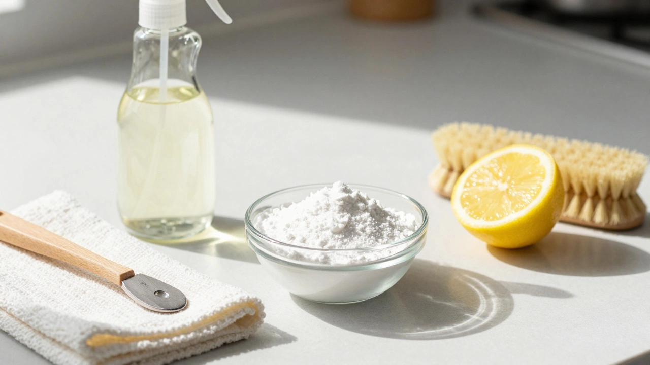 Eco-friendly cleaning supplies like vinegar and baking soda on counter