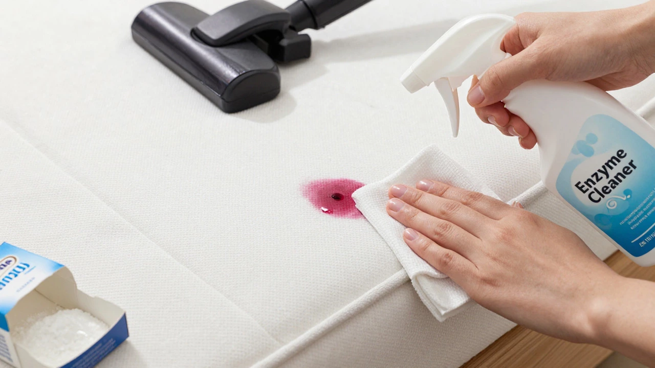 Hand spraying enzyme cleaner on a stained mattress for DIY cleaning