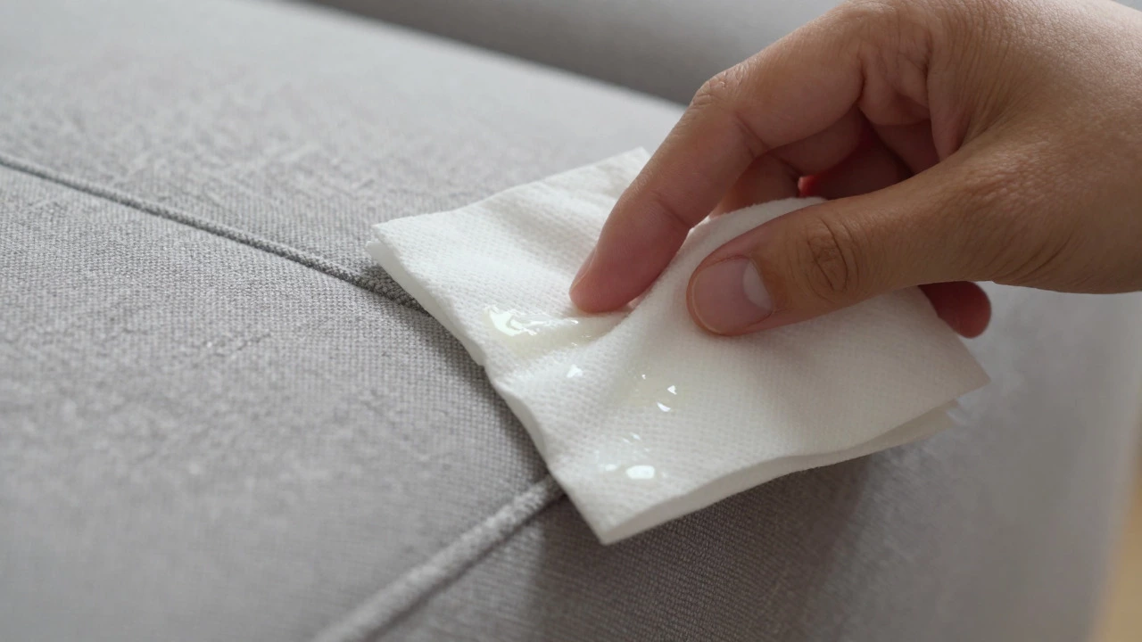 Hand using paper towel to check for hidden moisture in sofa seams