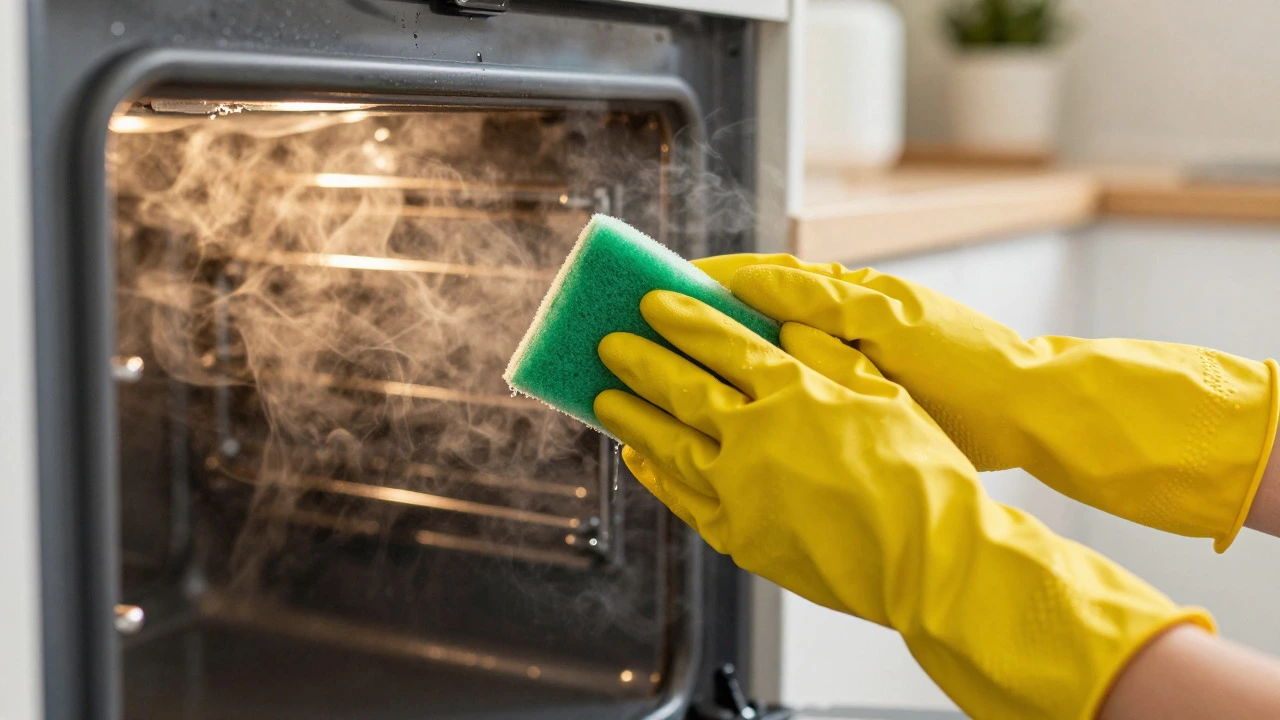 Hands in gloves scrubbing steamy oven interior with sponge and cleaning solution.