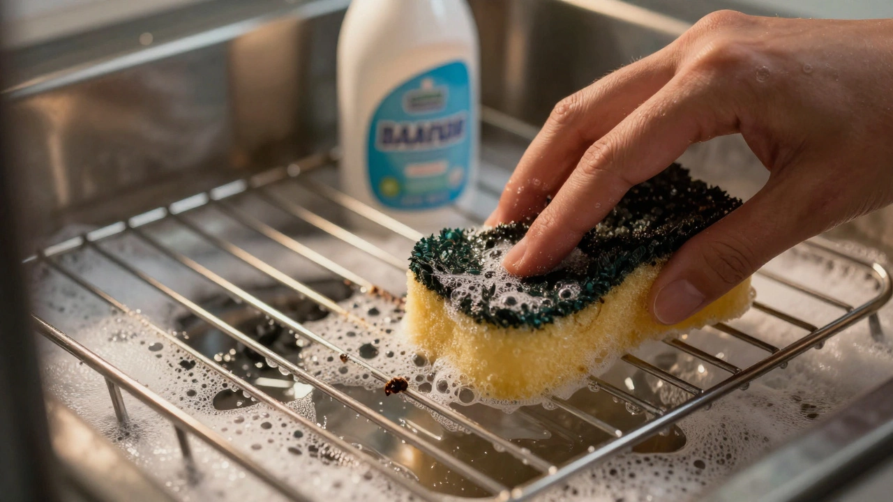 Hands scrubbing dirty oven racks in soapy water bath