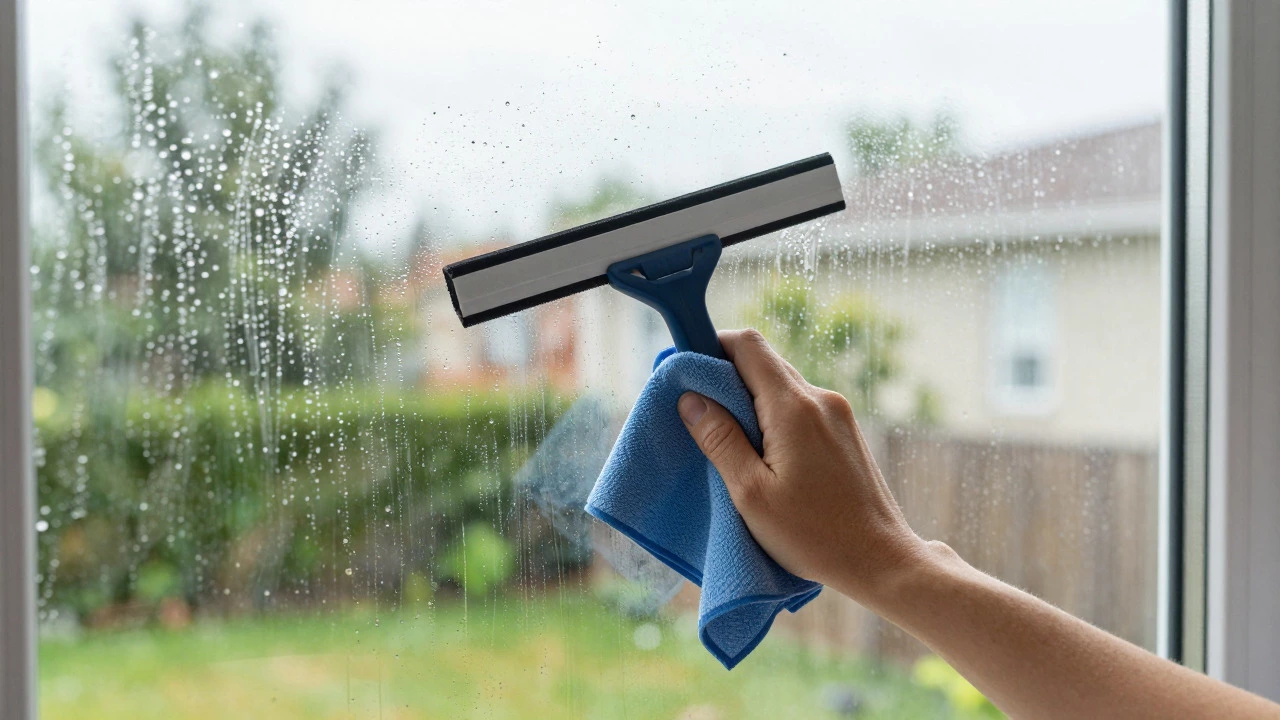 Hands using a squeegee and cloth to clean an exterior window pane