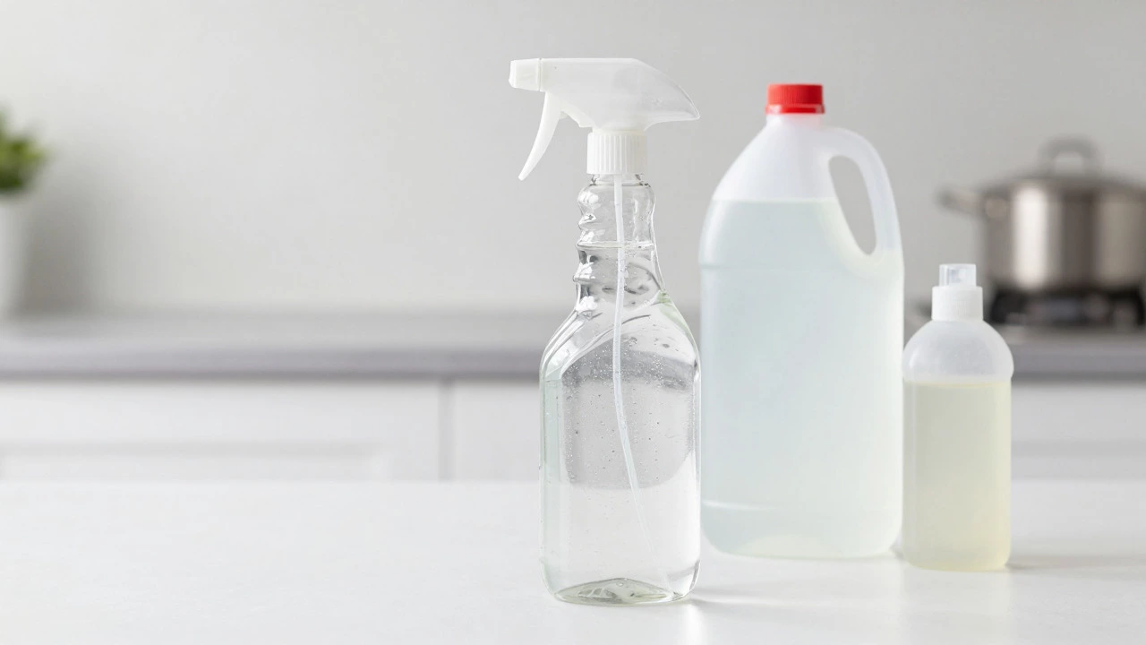 Homemade window cleaning solution ingredients like vinegar and dish soap on counter